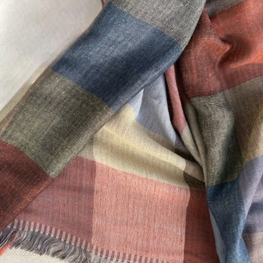 Luxurious Reversible Cashmere Scarf/Wrap Blue Green Rust Gray